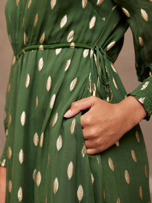 Libby - Lurex Midi Dress - Green and Gold