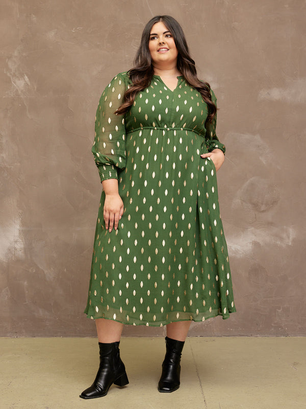 Libby - Lurex Midi Dress - Green and Gold