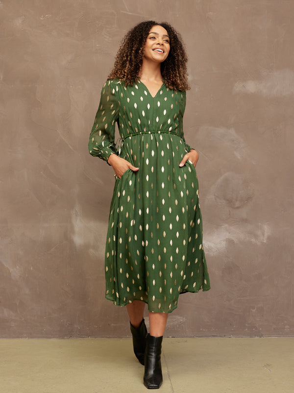 Libby - Lurex Midi Dress - Green and Gold