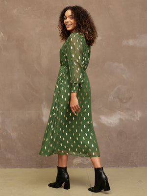 Libby - Lurex Midi Dress - Green and Gold