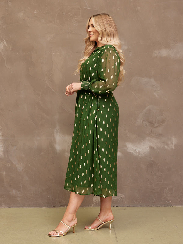 Libby - Lurex Midi Dress - Green and Gold