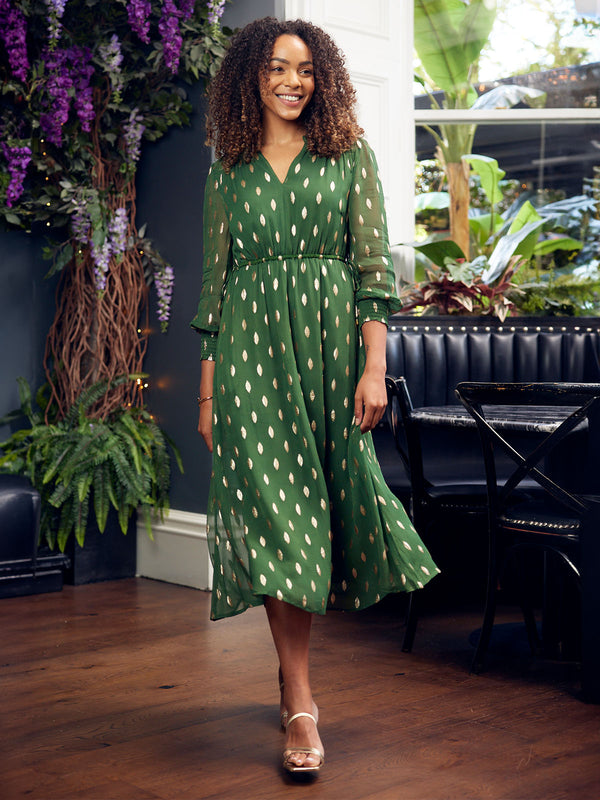 Libby - Lurex Midi Dress - Green and Gold