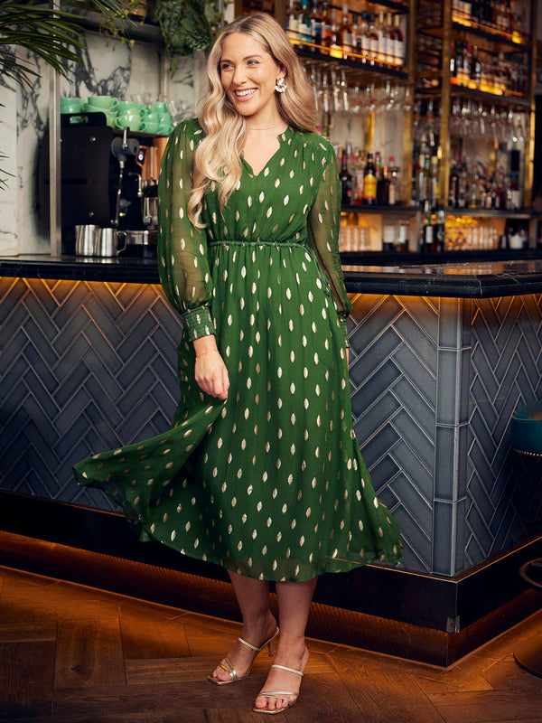 Libby - Lurex Midi Dress - Green and Gold