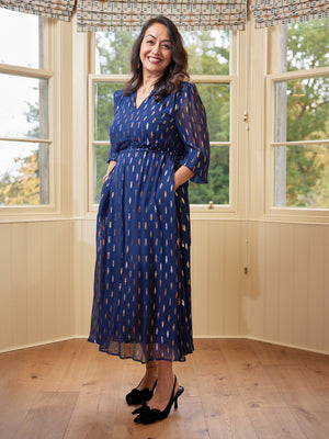 Libby Lurex Dress - Navy and Bronze / Silver