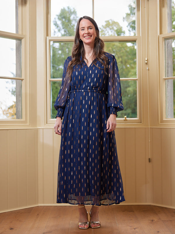 Libby Lurex Dress - Navy and Bronze / Silver