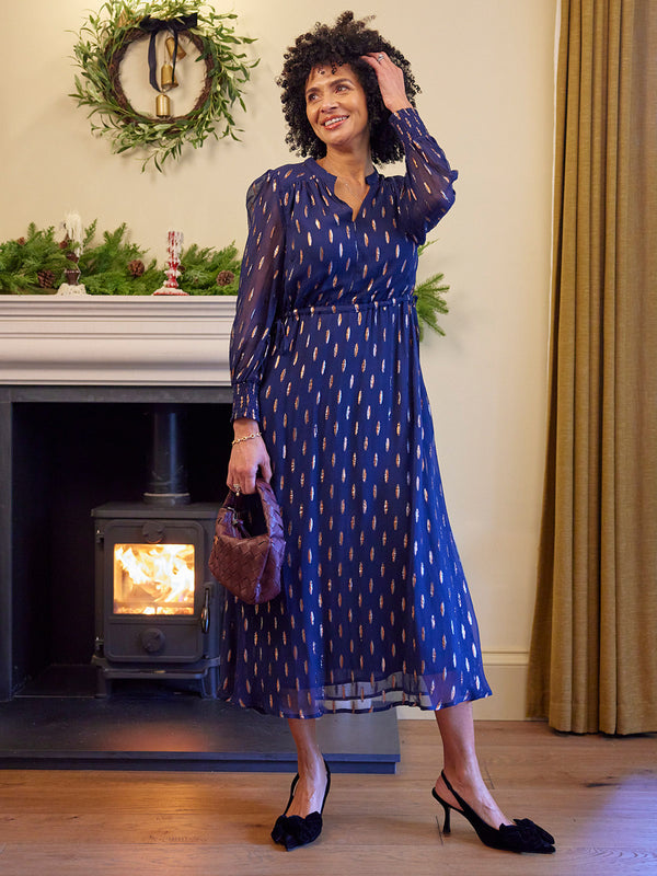 Libby Lurex Dress - Navy and Bronze / Silver