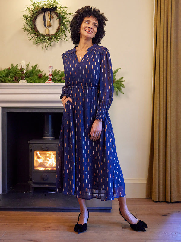 Libby Lurex Dress - Navy and Bronze / Silver