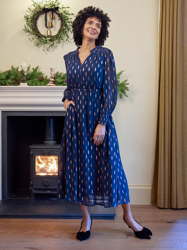 Libby Lurex Dress - Navy and Bronze / Silver