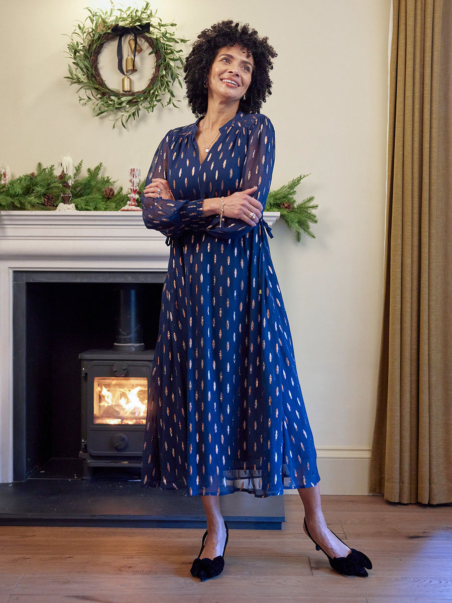 Libby Lurex Dress - Navy and Bronze / Silver