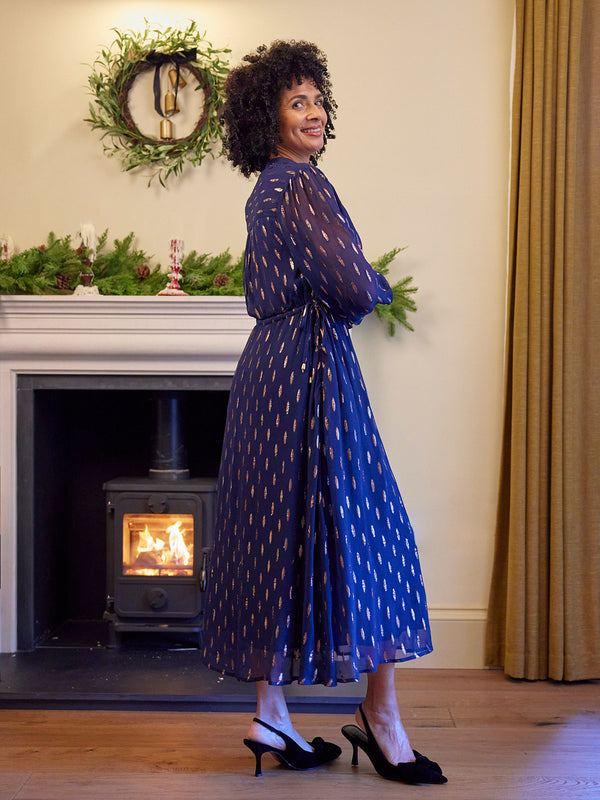 Libby Lurex Dress - Navy and Bronze / Silver