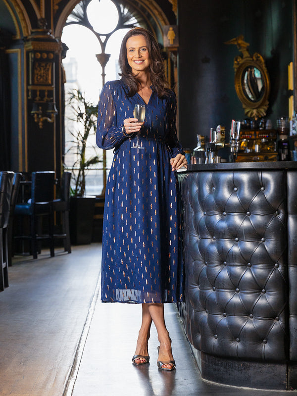 Libby Lurex Dress - Navy and Bronze / Silver