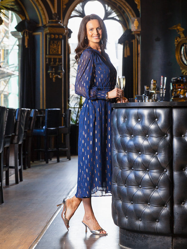 Libby Lurex Dress - Navy and Bronze / Silver