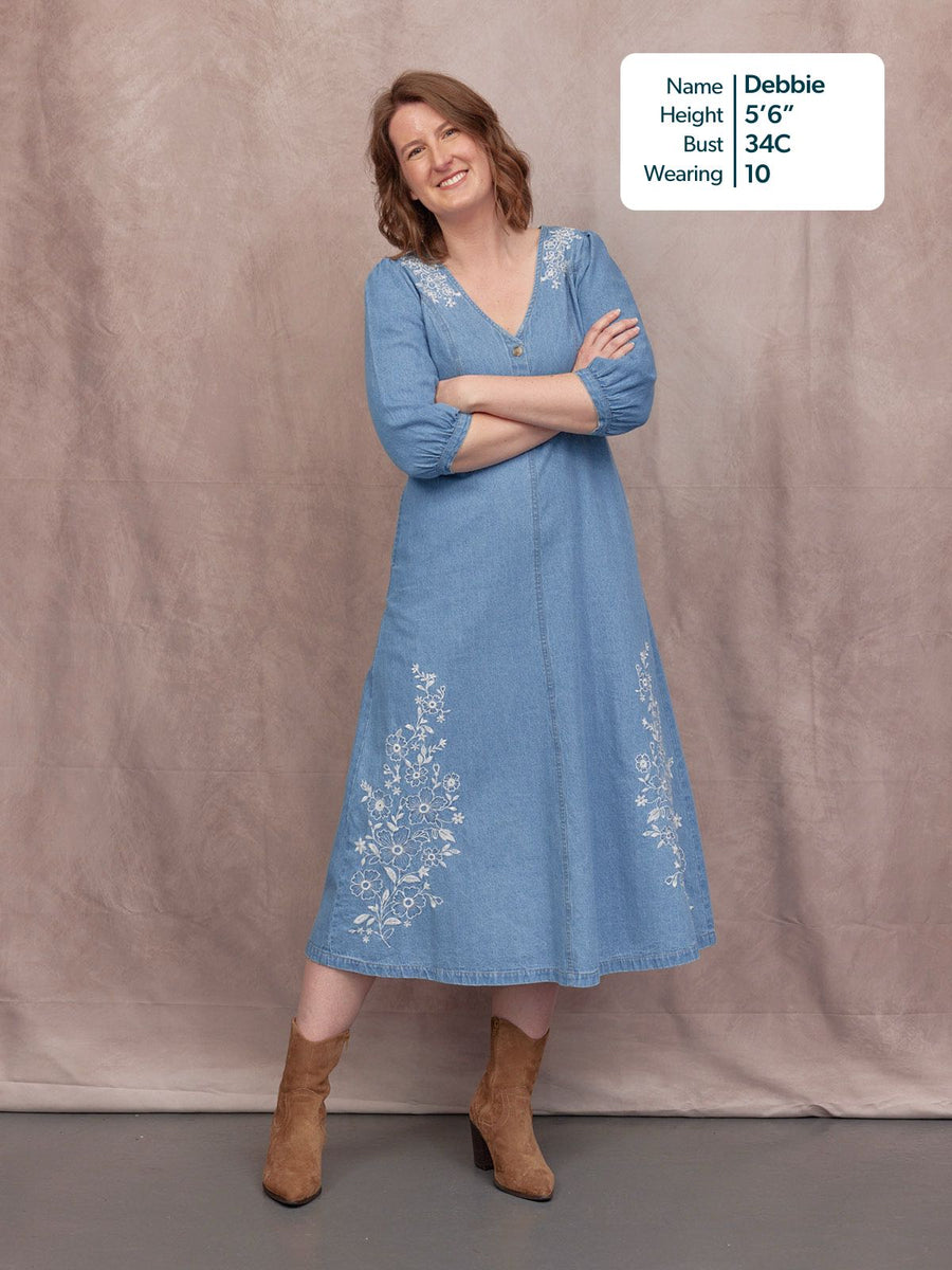 denim dress size embroidered Floral Embroidered Denim Dress with Suspenders FINAL SALE main image 1