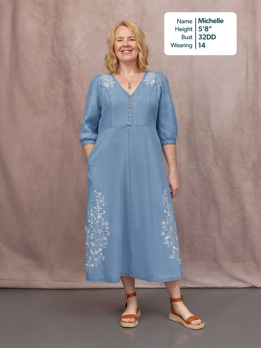 Lisa Embroidered Denim Dress - Light Wash Denim This is Unfolded Lisa Embroidered Denim Dress - Light Wash Denim This is Unfolded