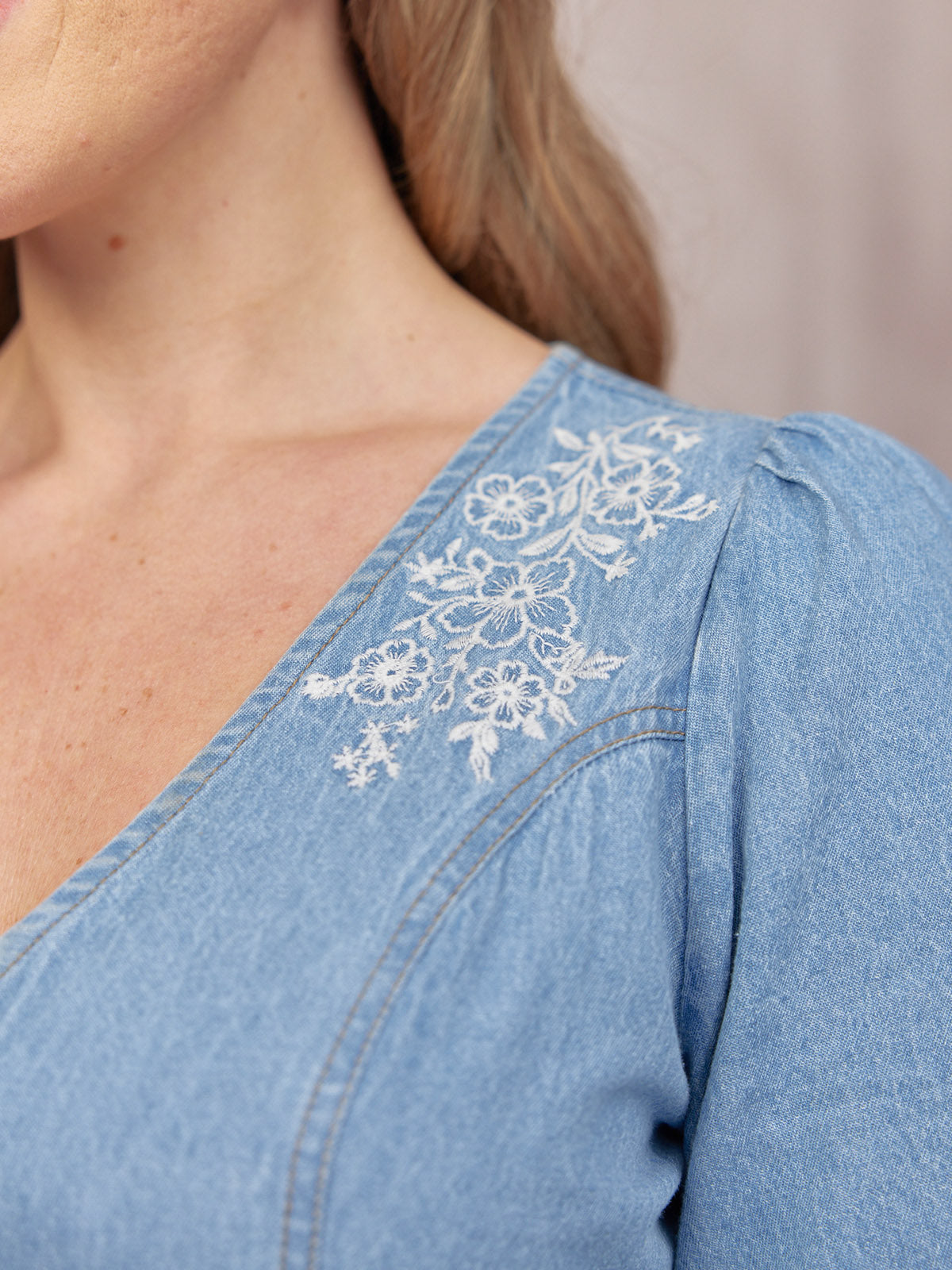 Lisa Embroidered Denim Dress - Light Wash Denim This is Unfolded Lisa Embroidered Denim Dress - Light Wash Denim This is Unfolded