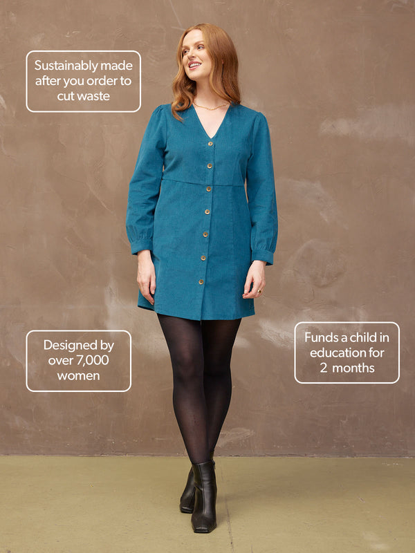 green cord mini dress Liv - work corporate pinafore dress