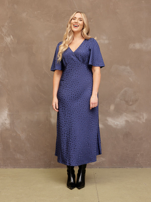 Lois - Angel Sleeve Satin Dress - Navy