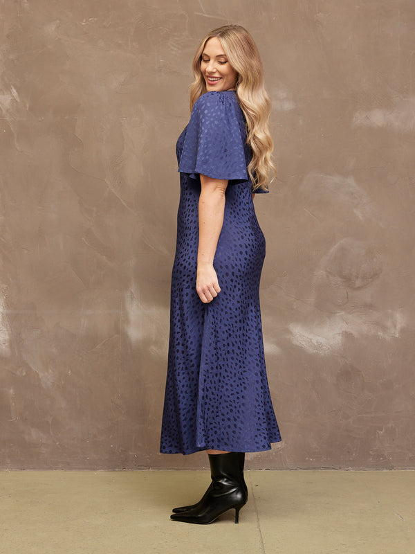 Lois - Angel Sleeve Satin Dress - Navy