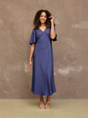 Lois - Angel Sleeve Satin Dress - Navy