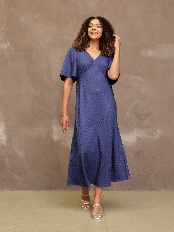 Lois - Angel Sleeve Satin Dress - Navy