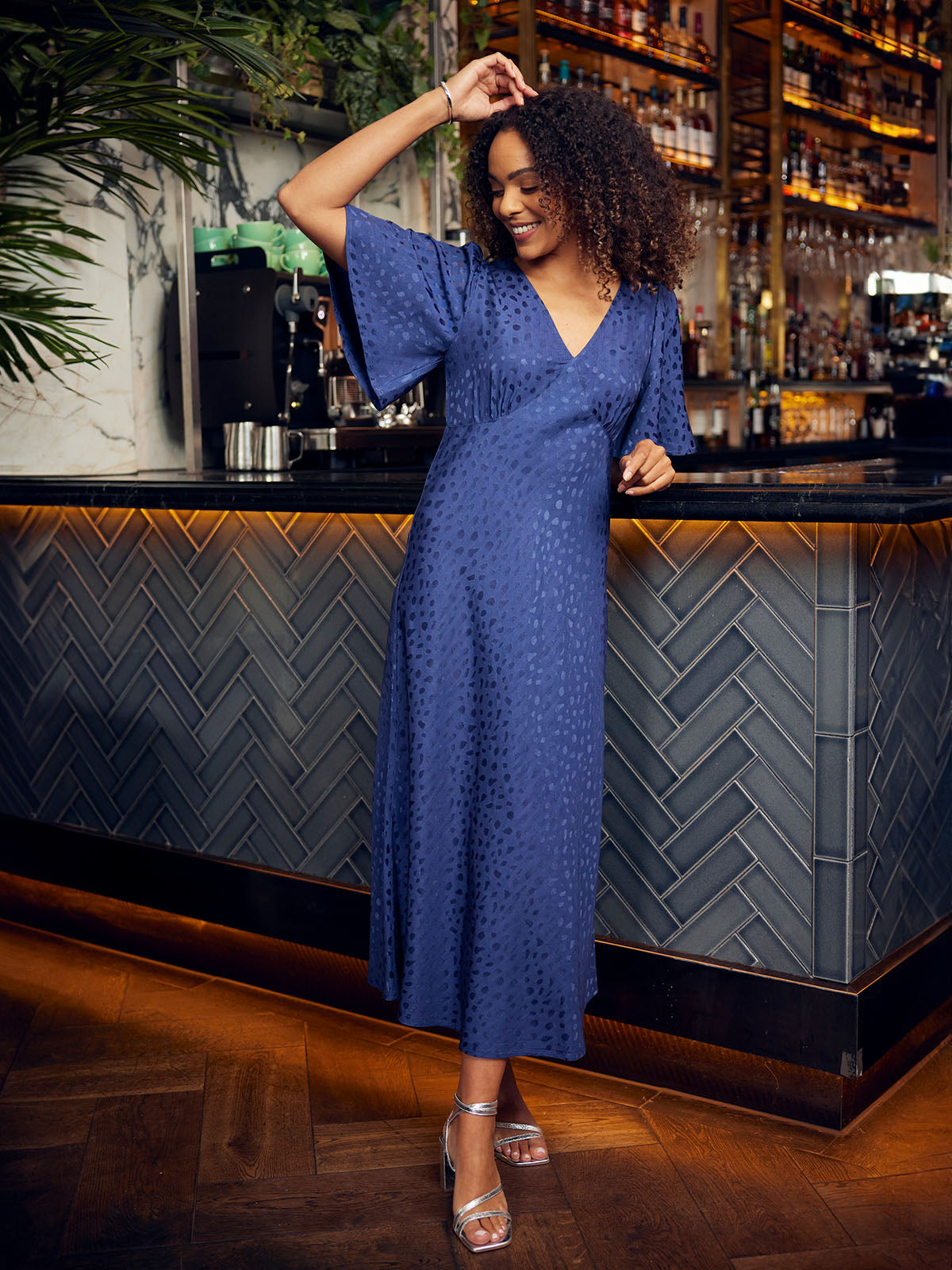 angel sleeve satin dress Oasis Satin Midi Bridesmaid Dress in Navy at Nordstrom, Size 4