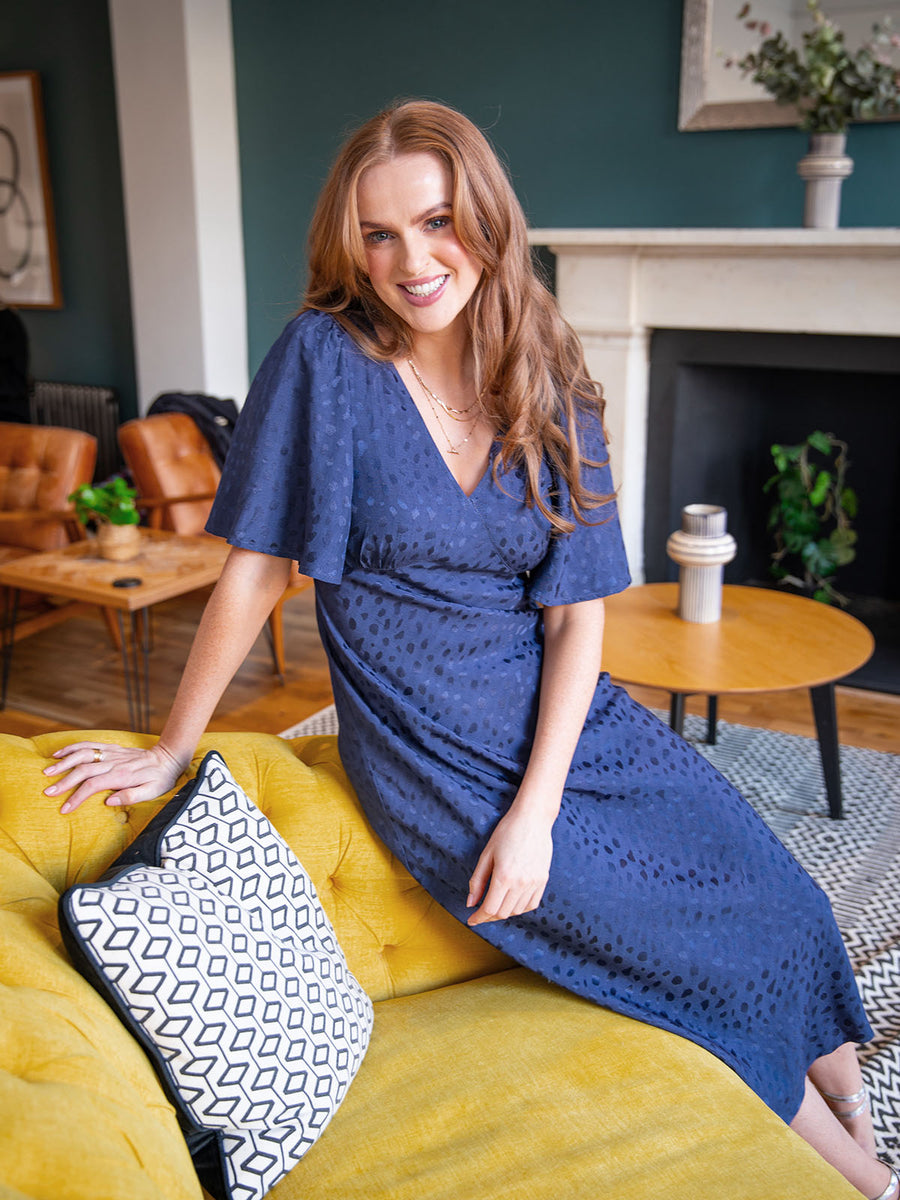 Lois - Angel Sleeve Satin Dress - Navy