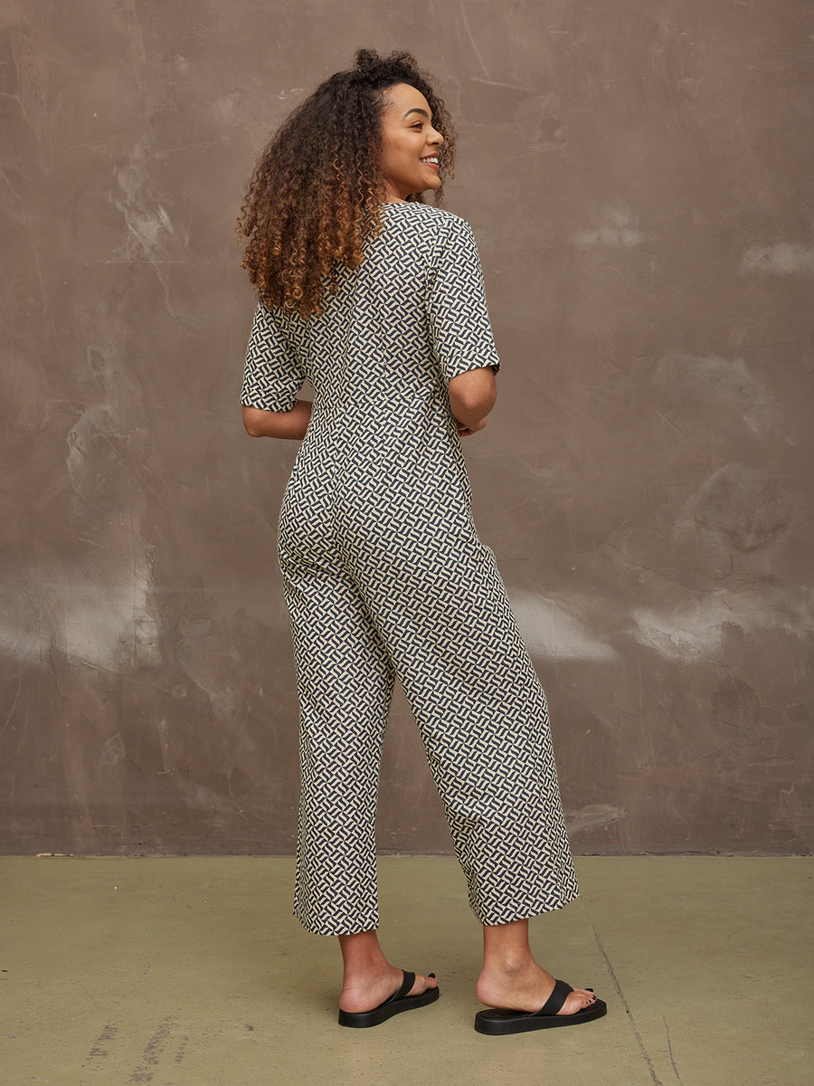 Lola - Button Jumpsuit - Navy Geo Print - Sample