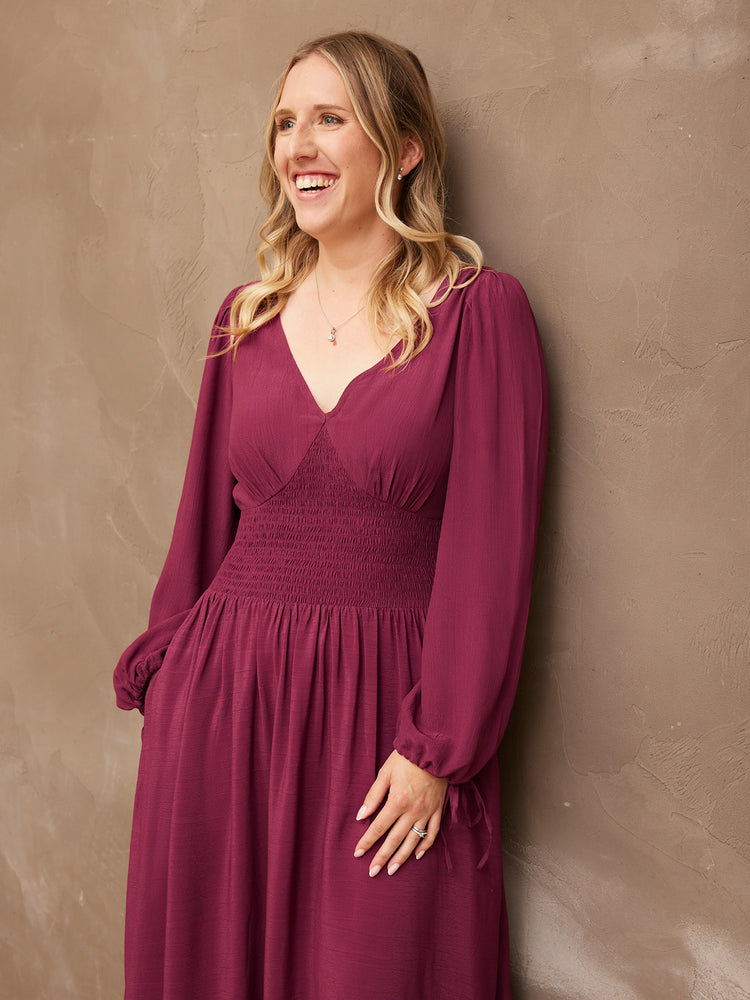 Maddie - V Neck Dress - Burgundy