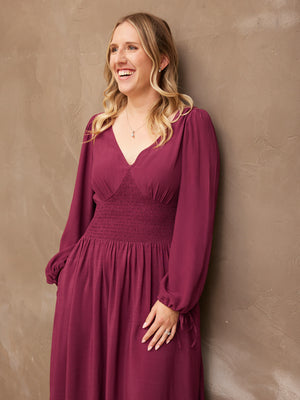 Maddie - V Neck Dress - Burgundy