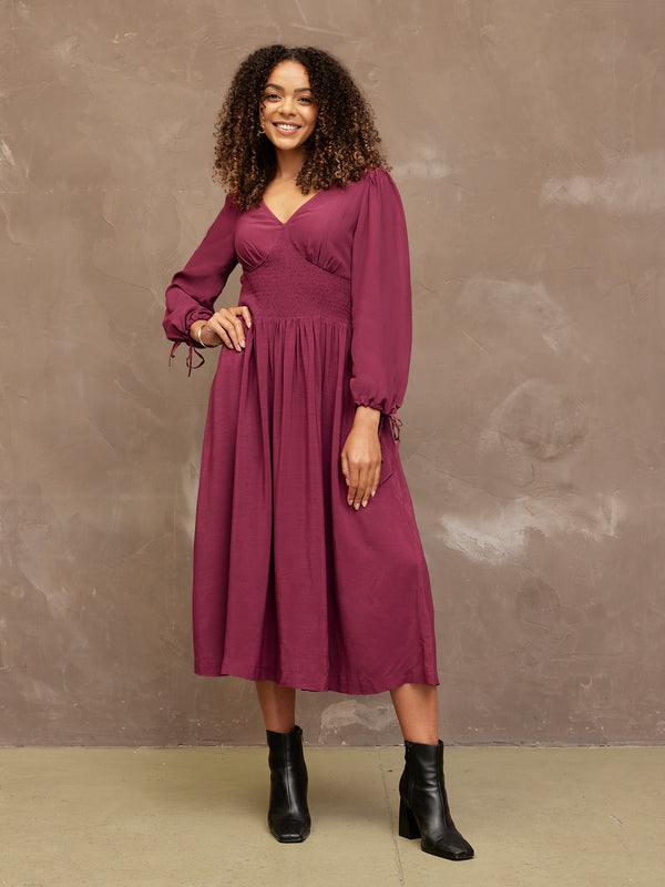 Maddie - V Neck Dress - Burgundy