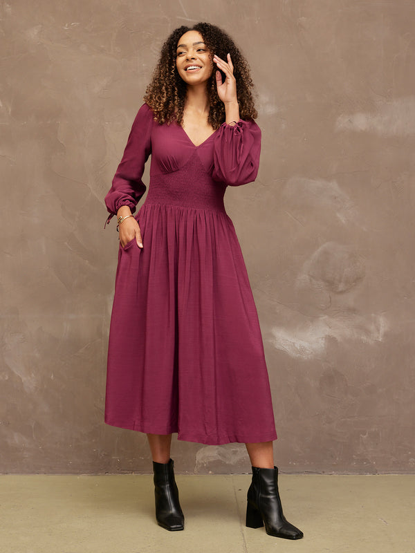 Maddie - V Neck Dress - Burgundy