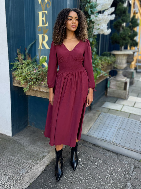 Maddie - V Neck Dress - Burgundy