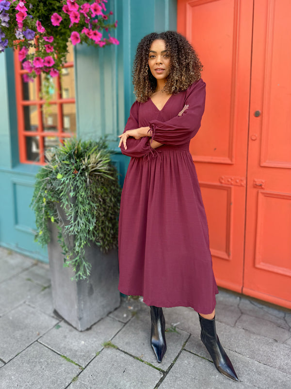 Maddie - V Neck Dress - Burgundy