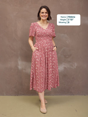 Maddie Short Sleeve Dress - Maroon Leaf Print