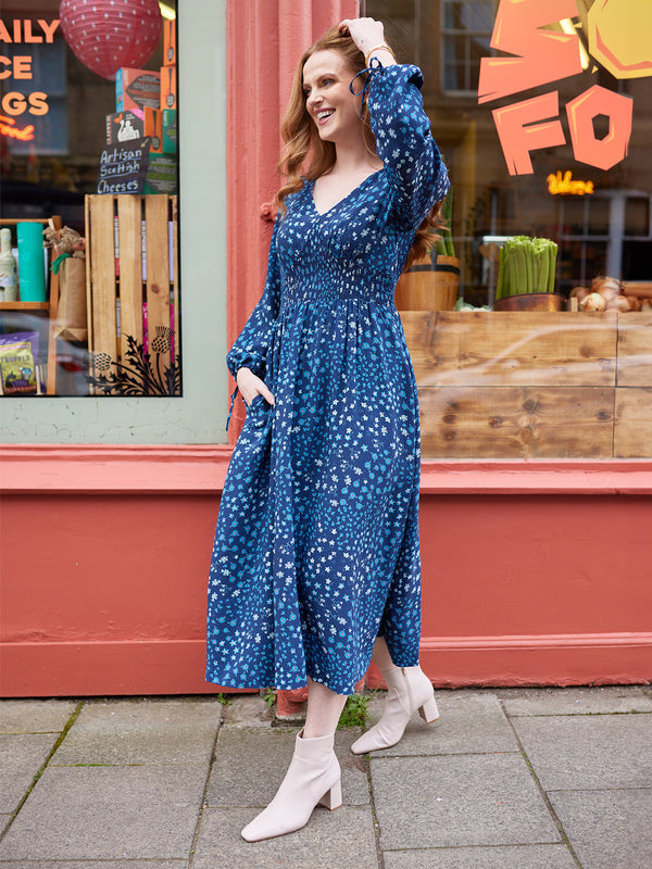 Maddie - V Neck Dress - Blue Floral