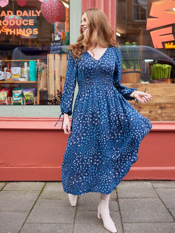 Maddie - V Neck Dress - Blue Floral