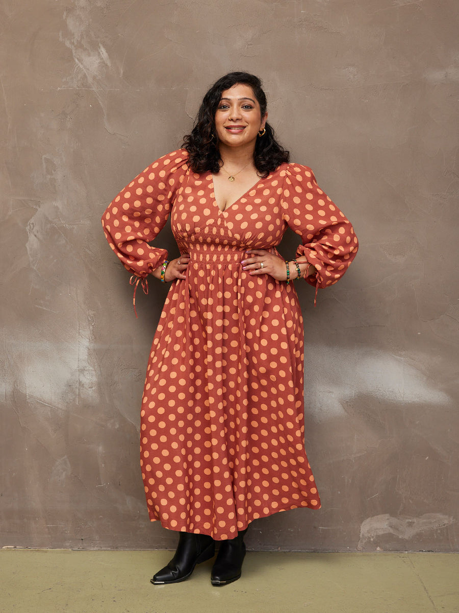 Maddie - V Neck Dress - Rust Spot Print - Sample