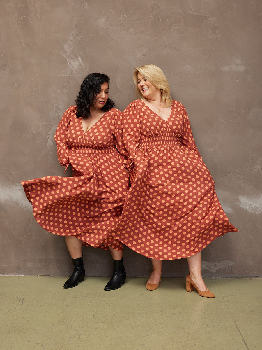 Maddie - V Neck Dress - Rust Spot Print - Sample