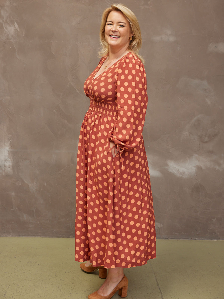 Maddie - V Neck Dress - Rust Spot Print - Sample
