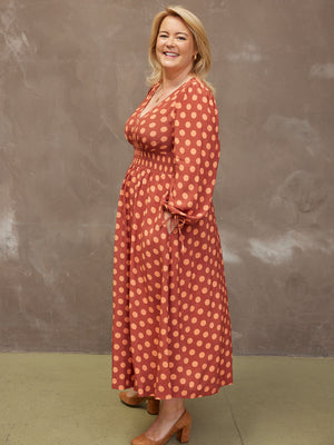 Maddie - V Neck Dress - Rust Spot Print