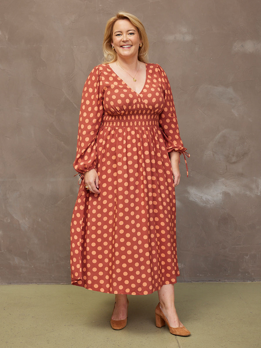 Maddie - V Neck Dress - Rust Spot Print - Sample