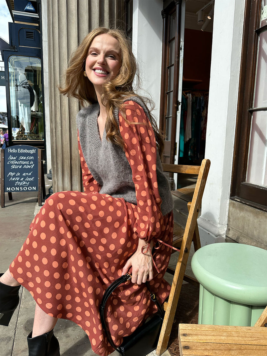 Maddie - V Neck Dress - Rust Spot Print - Sample