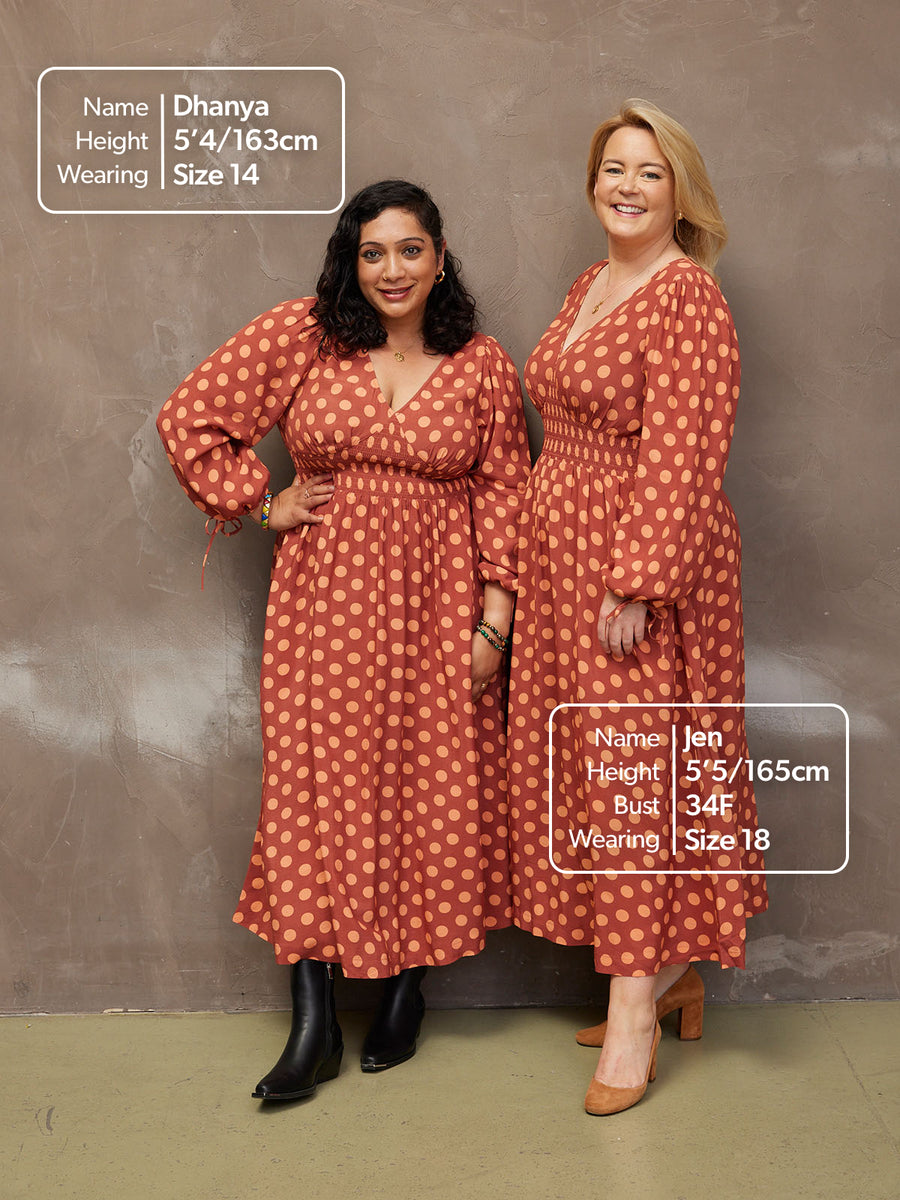 Maddie - V Neck Dress - Rust Spot Print - Sample