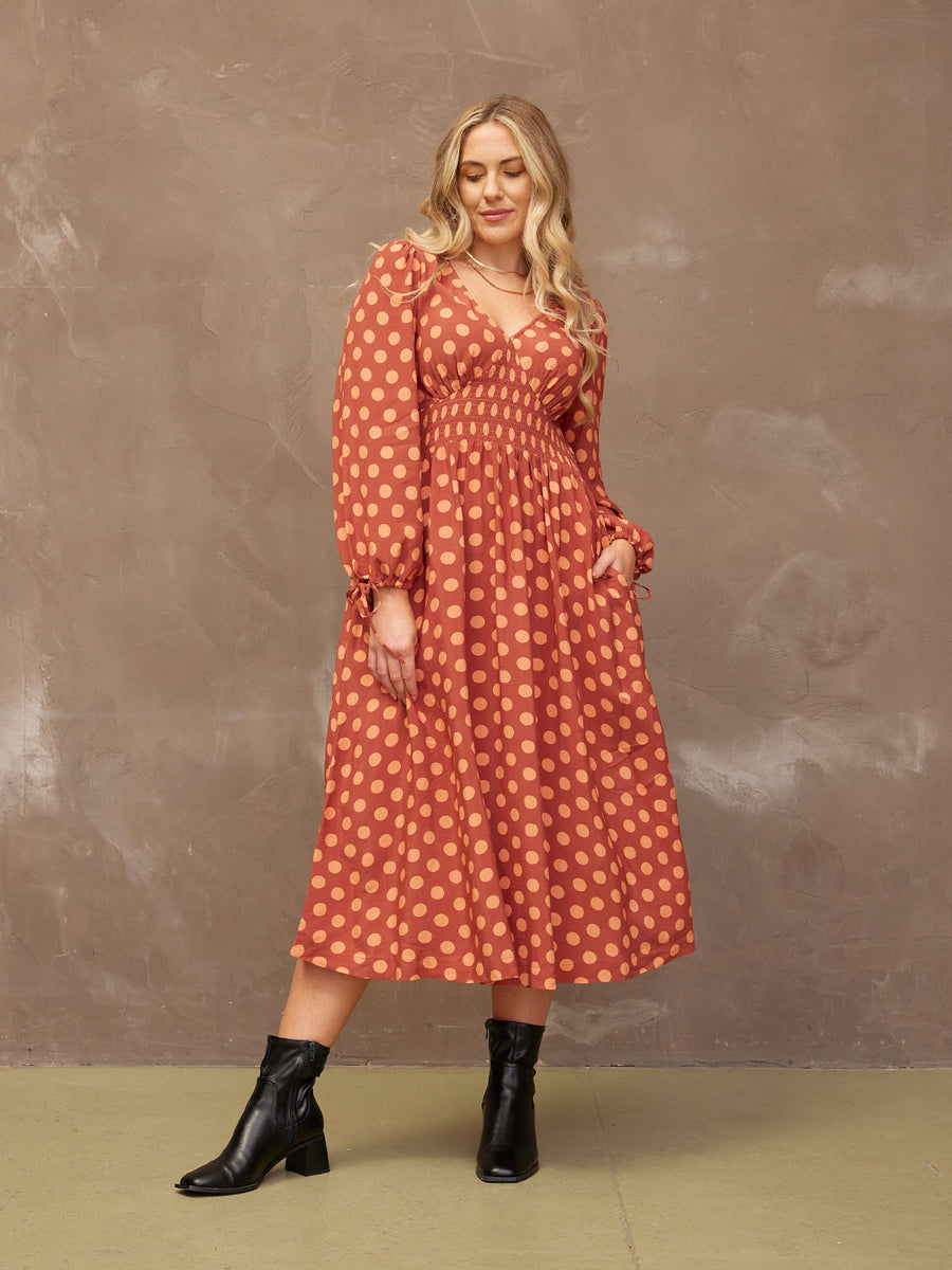 Maddie - V Neck Dress - Rust Spot Print - Sample