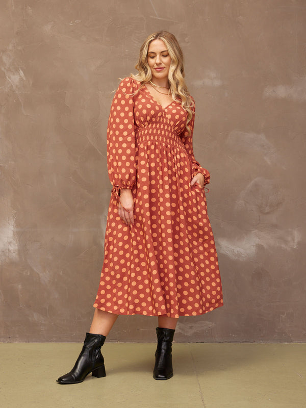 Maddie - V Neck Dress - Rust Spot Print