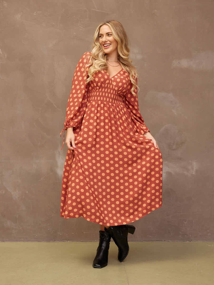 Maddie - V Neck Dress - Rust Spot Print - Sample