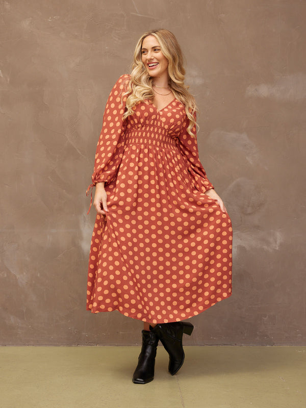 Maddie - V Neck Dress - Rust Spot Print