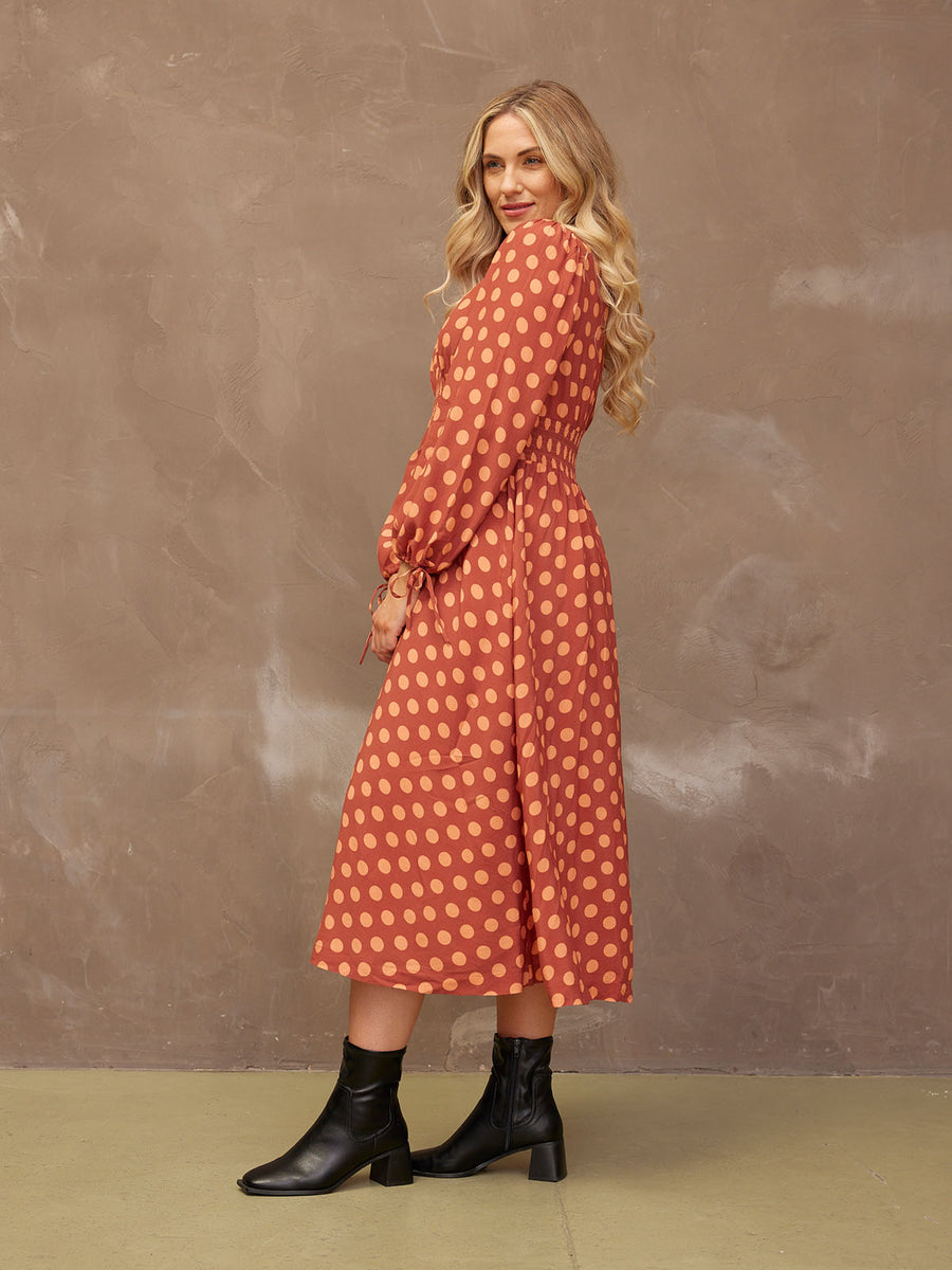Maddie - V Neck Dress - Rust Spot Print - Sample