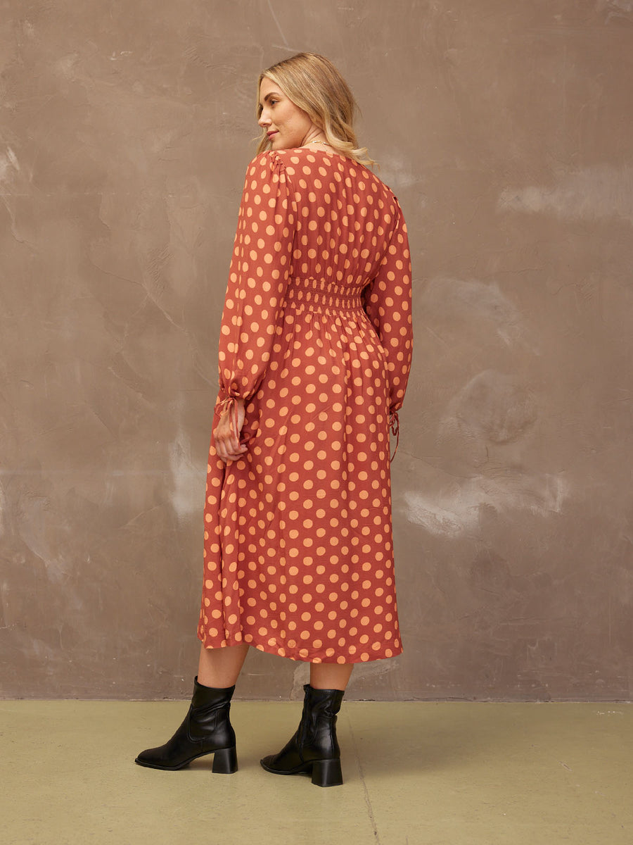 Maddie - V Neck Dress - Rust Spot Print - Sample