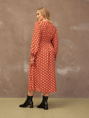 Maddie - V Neck Dress - Rust Spot Print